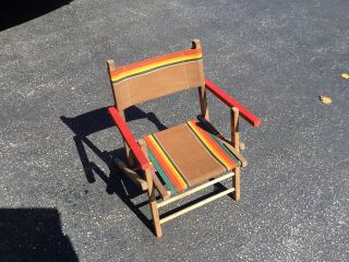 Vintage Folding Childs Camp/beach/deck Chair Wood & Striped Canvas Great Colors