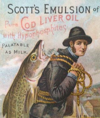 1884 Victorian Trade Card,  SCOTT’S EMULSION OF PURE COD LIVER OIL,  Man W/Fish 2