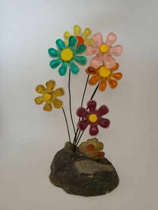Vintage Colorflo Flower Sculpture Mcm Resin Acrylic Daisies Green Pink Yellow