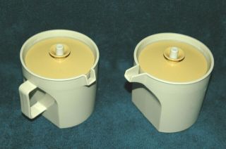 Vintage Tupperware Sugar And Creamer Set Almond With Gold Seals 1414 & 1415