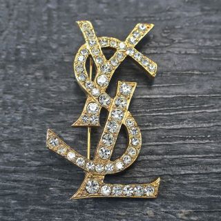 Yves Saint Laurent Ysl Gold Plated Rhinestone Logo Pin Brooch 6839a Rise - On