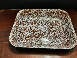 Vintage Brown White Speckled Enamel Large Baking Pan 13 1/2  X 10 1/2 "