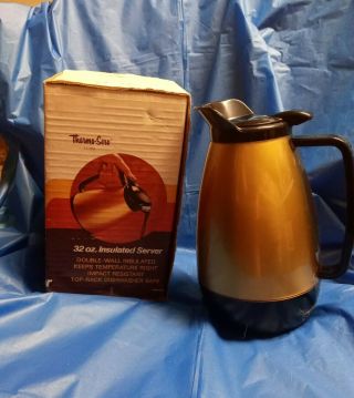 Vintage Thermo - Serv Insulated Coffee Pitcher Carafe Gold Black 32oz Plastic