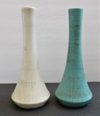 Vtg.  Pair Mcm Mccoy Pottery 12 1/2 " Turquoise & Ivory W/gold Vases Nm 1 Owner
