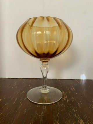 Vintage Mid Century Empoli Amber And Clear Art Glass Hollow Stem Compote