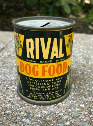Vintage Rival Dog Food Tin Can Bank.  Boxer,  German Sheppard,  Terrier Graphics