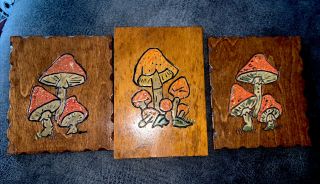 3 Vintage Mushroom Wood Wall Plaque Hand Painted Retro Hippie Boho Painting 70s