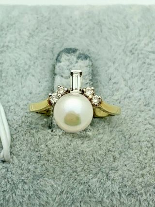 14k Gold Pearl & Diamond Cocktail Ring - Vintage,  Estate - Size 5 - 7 - 7.  5mm Pearl