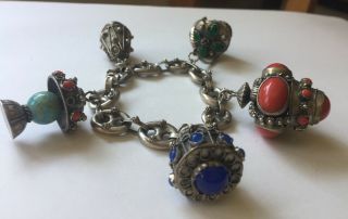Stunning Etruscan Revival (italy) Chunky Fob Charm Bracelet 800 Silver W/coral