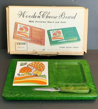 Vtg Green Wooden Cheese Board Retro Mushroom Tile Knife Japan For Ss Kresge Box