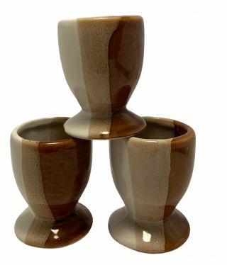 3 X Vintage Egg Cups Stoneware Brown Stripe Glazed Made In Taiwan Retro 1970 