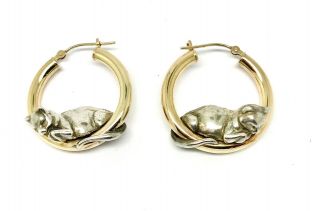 14 K & Sterling Silver Recumbent Cat Hoop Earrings - Museum Of Fine Arts