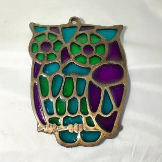 Vintage Stained Glass Owl Trivet Cast Iron Purple Blue Retro Mod