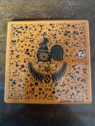 Mid - Century Georges Briard Orange Rooster Enamel Metal Tile Trivet / Coasters