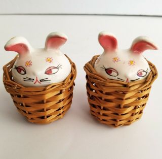 Vintage Mid Century Modern Bunny Salt & Pepper Shakers Retro Rabbits In Baskets