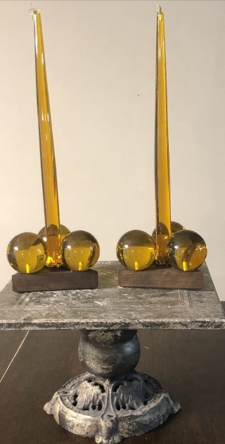 Vintage 70’ Gold Lucite Taper Candlesticks Wood Triangle Candleholders Retro Mod