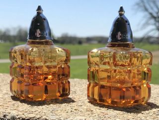 Vintage Ornate Amber Glass Salt And Pepper Shakers 1 3/4 X 3 1/2” Heavy