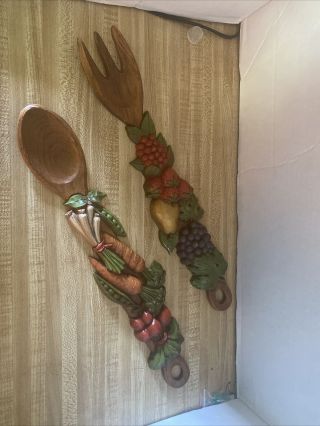 Vintage Syroco Spoon And Fork Set Fruit Vegetable Kitchen Wall Decor 70 