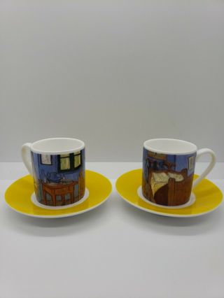 (2) Vincent Van Gogh The Bedroom Cappuccino Coffee Mug Cup Saucer Set De Young