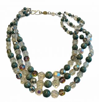 Christian Dior 1960 Signed 3 Strand Gray Art Glass Ab Crystal Bead Necklace