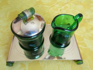 Paden City National Silver Emerald Glo Green Star Glass Creamer,  Sugar,  Tray 814