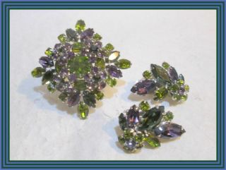 Sherman Deep Purple Olive Green - Four Floral Capped Cluster Motif Brooch Set