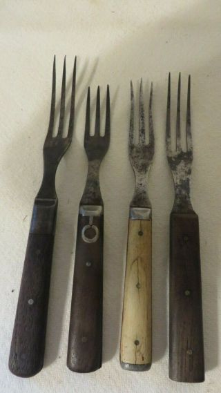 4 Antique Metal 3 Prong Meat Forks With Wooden Handles Around 7 " Long