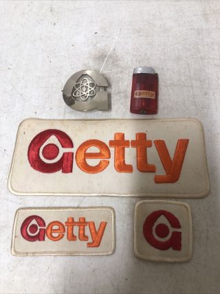 3 Getty Oil Co Uniform Patches Belt Buckle & Lighter