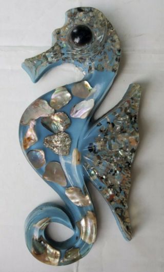 Vintage Mcm Lucite Acrylic Blue Seahorse Hanging Wall Decor Abalone Shell 8 "