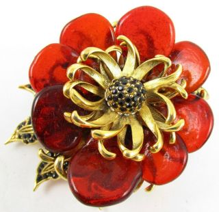 Outstanding Large Jose And Maria Barrera Poured Glass Rhinestone Flower Pin