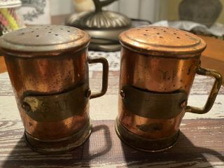 Vintage Copper And Brass 2.  5” Salt And Pepper Shakers Mugs Patina