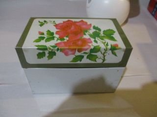 Vintage Metal Recipe Box Avocado Green & Pink Rose With Index Cards