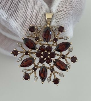 10ct Gold Marquise & Round Cut Garnet And Diamond Large Heavy Pendant/Brooch 2