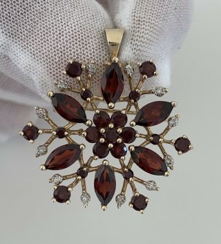10ct Gold Marquise & Round Cut Garnet And Diamond Large Heavy Pendant/Brooch 3