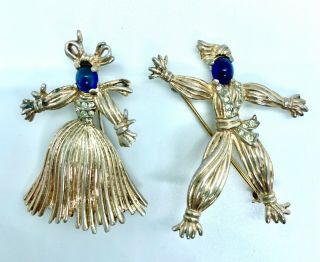 Trifari Sterling & Gold Plated Straw Figural Brooches Cabachon Sapphire
