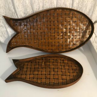 Mid Century Vintage Wicker Rattan Fish Wall Hanging Art Or Trays