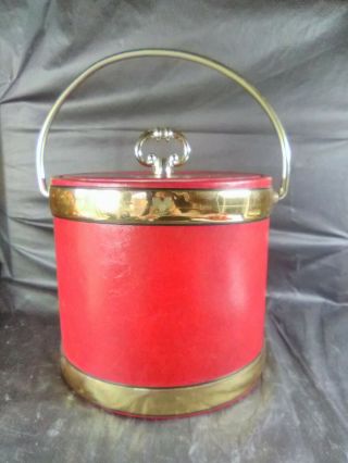 Vintage Red Leather Ice Bucket Brass Handle
