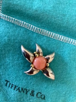 Tiffany & Co.  Brooch Silver And Gold With Coral Colored Stone