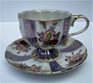 Vintage Lm Royal Halsey Tea Cup & Saucer; Colorful Flowers/gilt/iridescent