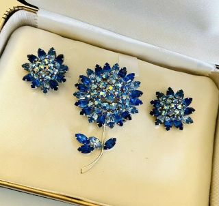 Book Piece Sherman Shades Of Blue Figural Flower Swarovski Crystals Brooch Set