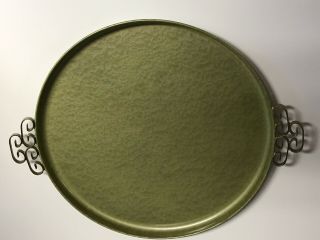 Vintage Kyes Round 10” Moire Glaze Tray Brass Handles Pasadena Calif Olive Green