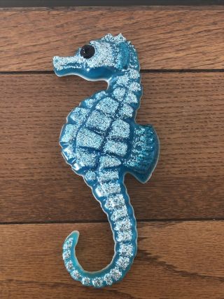 Vintage Mcm Lucite Acrylic Blue Silver Glitter Seahorse Wall Hanging 9”