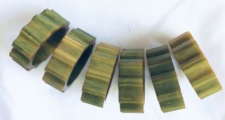 Set Of 6 Vintage Bakelite Napkin Rings Marbled Green & Yellow 5/8” Ribbed Edges