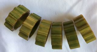 Set Of 6 Vintage Bakelite Napkin Rings Marbled Green & Yellow 5/8” Ribbed Edges 2