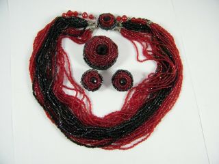 By Robert Multi Strand Red / Black Necklace,  Clip Earrings & Brooch Set