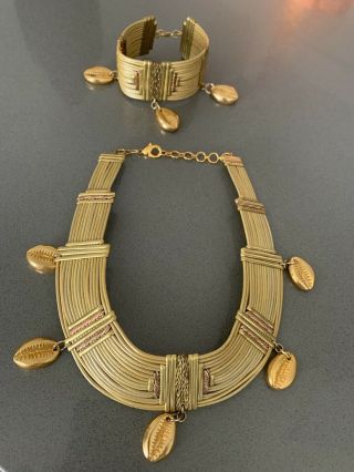 Alexis Kirk Brass Burnished Gold Tribal Egyptian Choker Collar And Cuff Bracelet