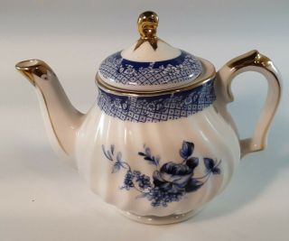Porcelain Teapot One Cup,  White Swirl And Cobalt Blue Flowers With Gold Trim