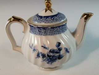 Porcelain teapot one cup,  white swirl and cobalt blue flowers with gold trim 3