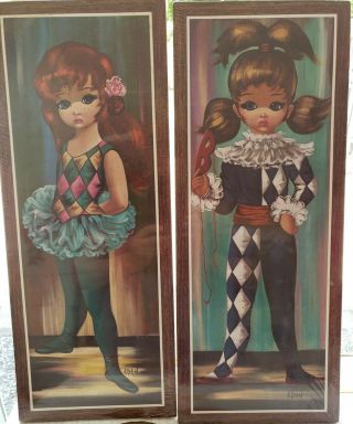 2 Vintage Mid Century Modern Pictures Harlequin Big Eyes Girls.  Still Wrapped