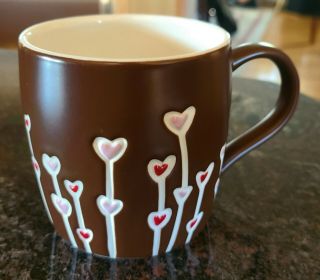 Starbucks 2009 Brown Matte Engraved Floating Hearts Flowers Mug 14 Oz Hand Paint